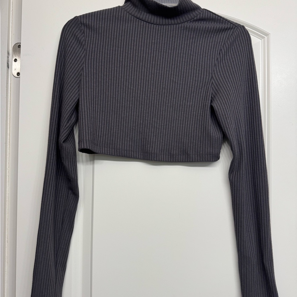 Gray Ribbed Long Sleeve Athletic Crop Top